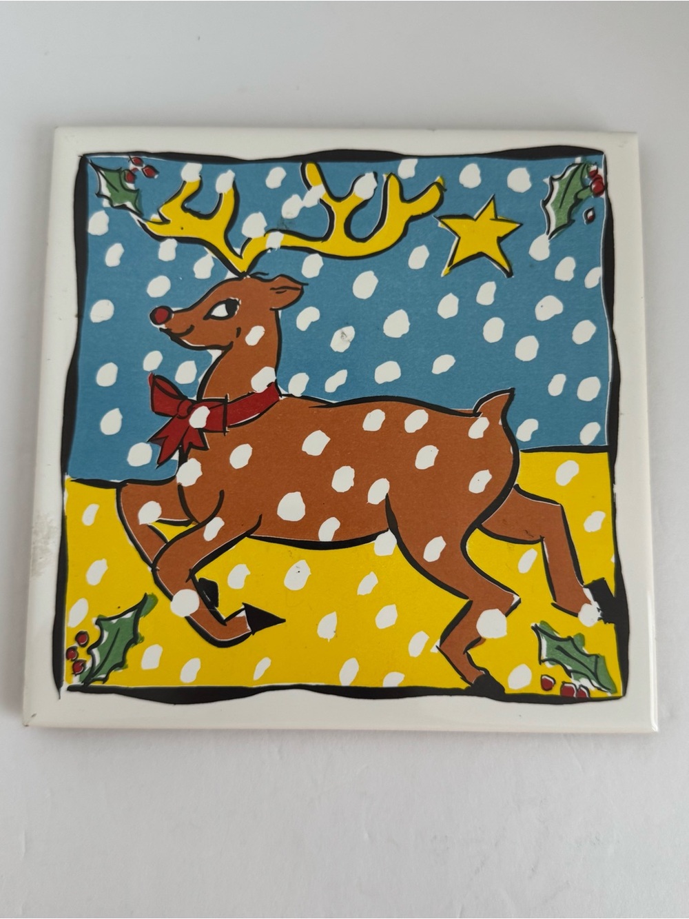 Vintage Christmas Reindeer Ceramic Tile, Trivet, Hot Plate Cork Backing 6x6”